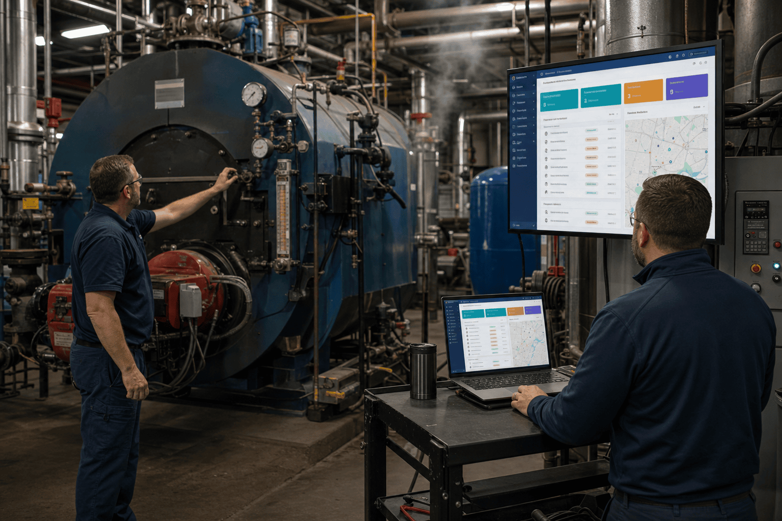 Industrial boiler mechanical room — one technician examining boiler gauges, another working at a Zoho FSM service / dispatch dashboard on a wall-mounted display with a rolling cart laptop