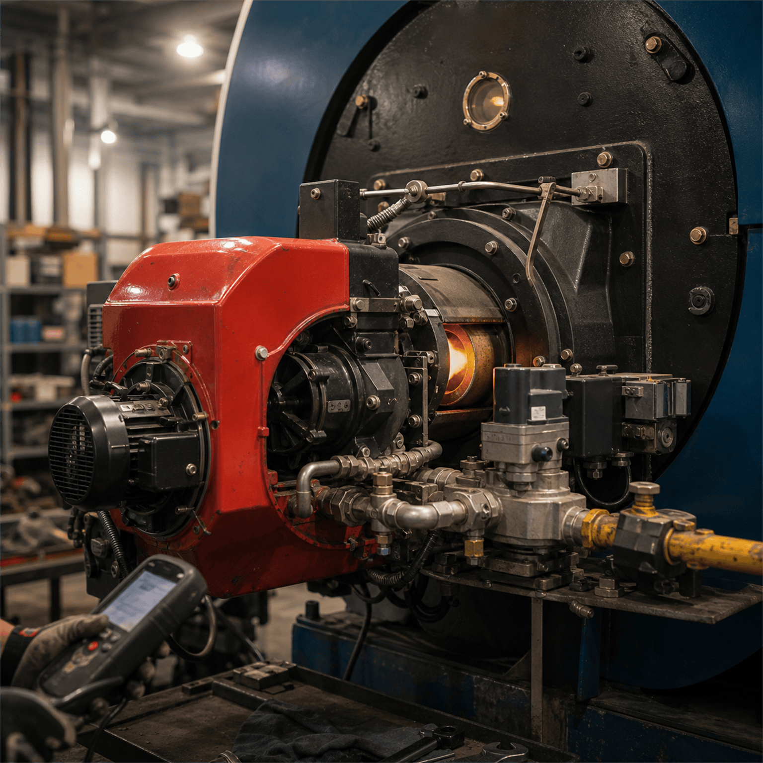Industrial burner assembly mid-fire — red blower housing, refractory door with sight glass showing combustion flame, gas train below