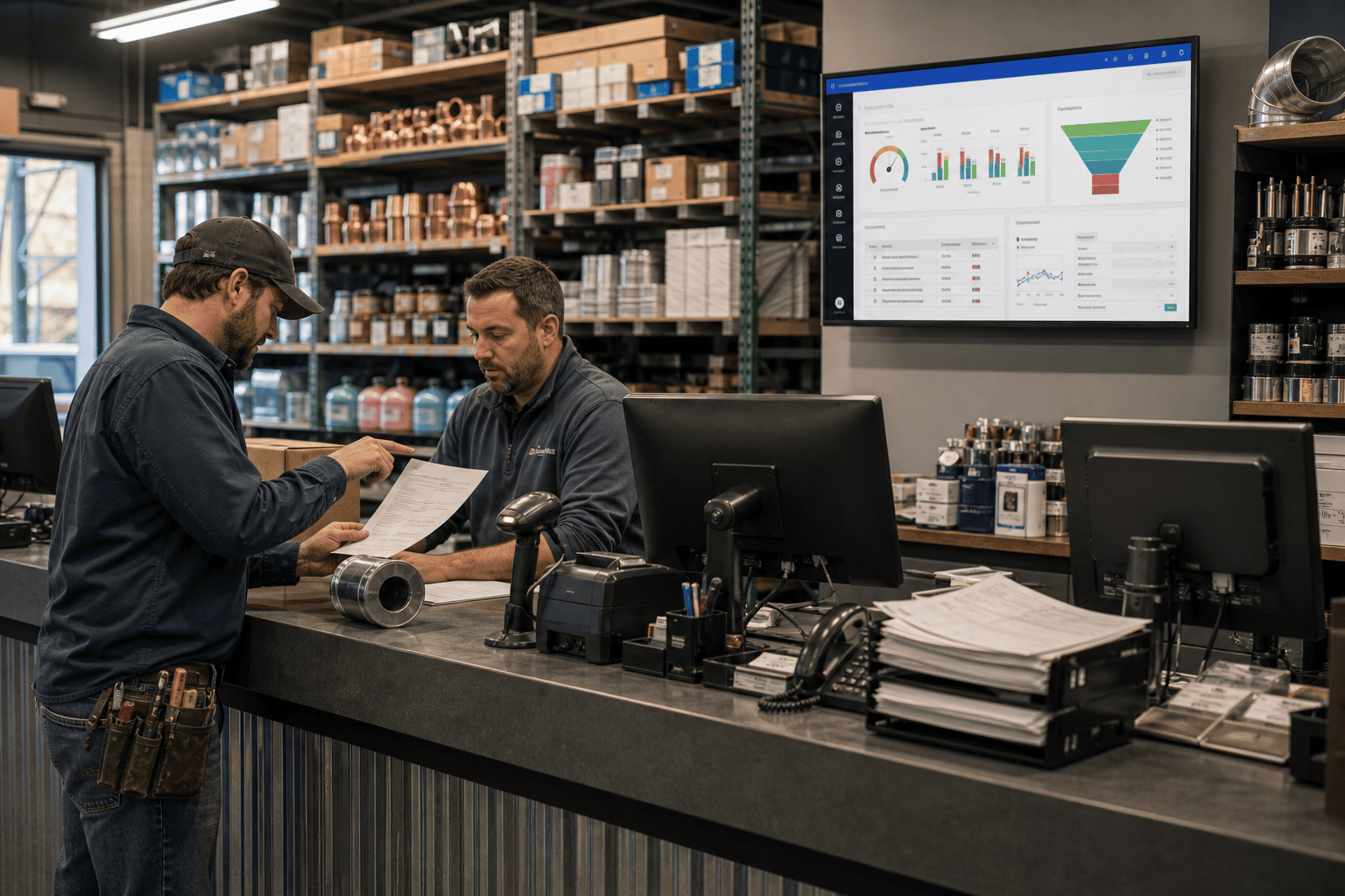 HVAC distribution parts counter with wall-mounted Zoho dashboard