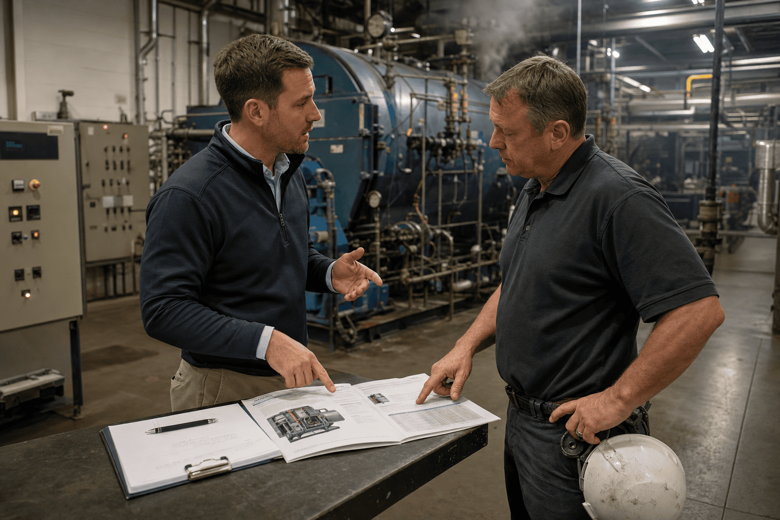Industrial sales rep in conversation with a plant operator at an industrial boiler, sales collateral open on a workbench