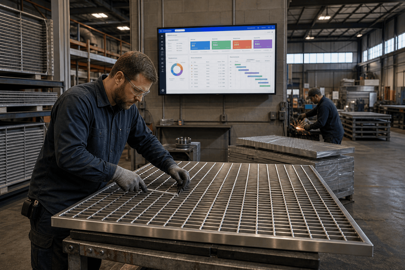 KADEE Industries stainless-steel grating fabrication shop with wall-mounted Zoho quoting dashboard