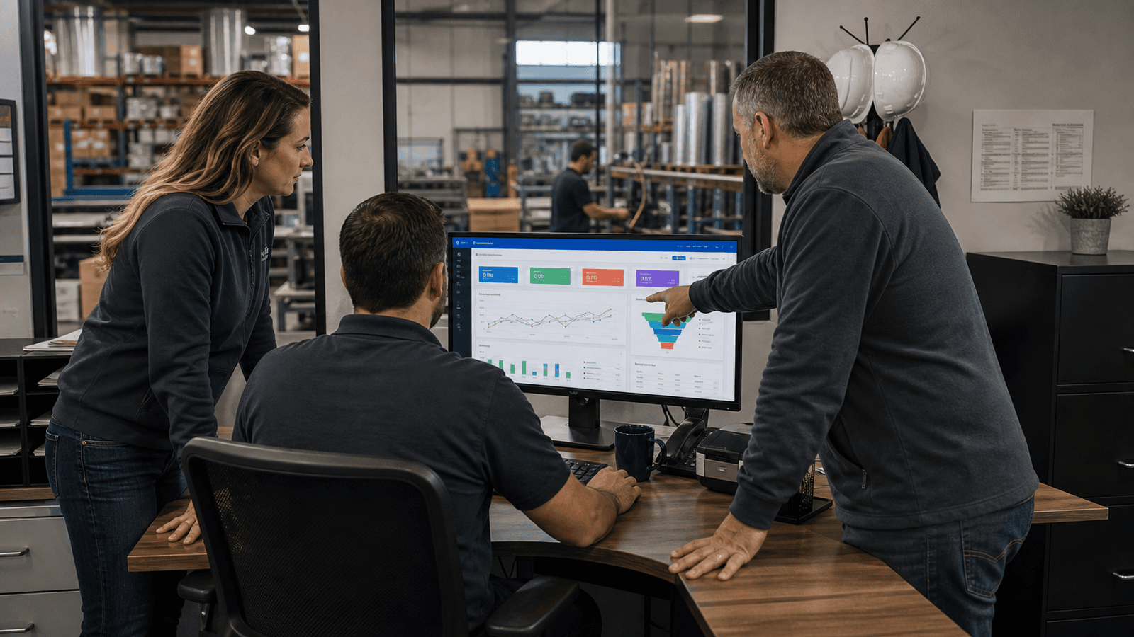 A small business operations team reviewing a Zoho dashboard at the edge of a working warehouse