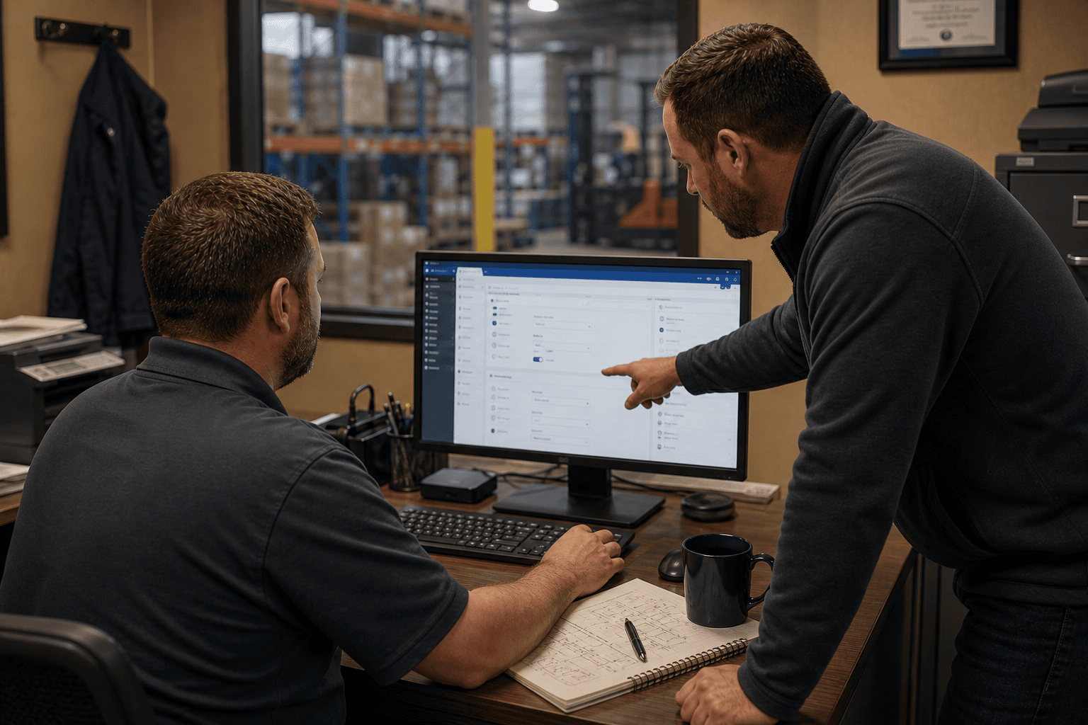 Two-person Zoho configuration session at a workstation in an industrial back-office
