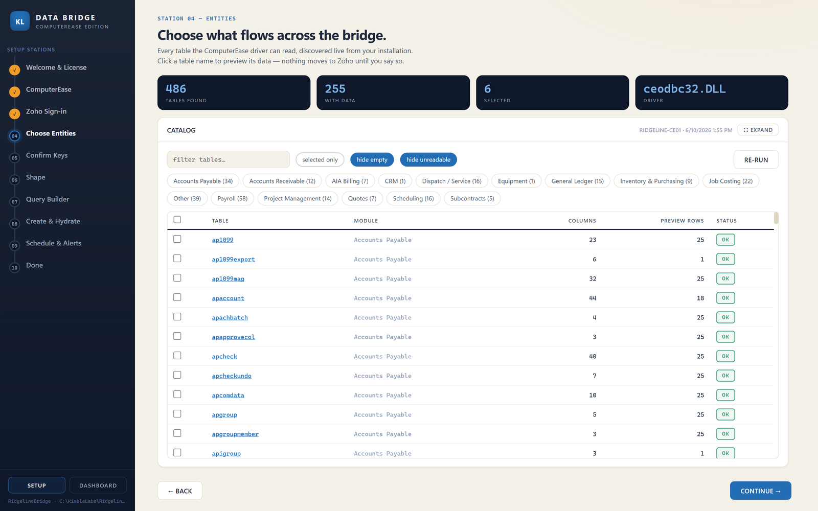 The setup tool showing a discovered ComputerEase catalog: 486 tables found, 255 with data, grouped into module chips including Payroll, Job Costing, Accounts Payable and General Ledger, with a scrolling table list showing column counts and readable status.