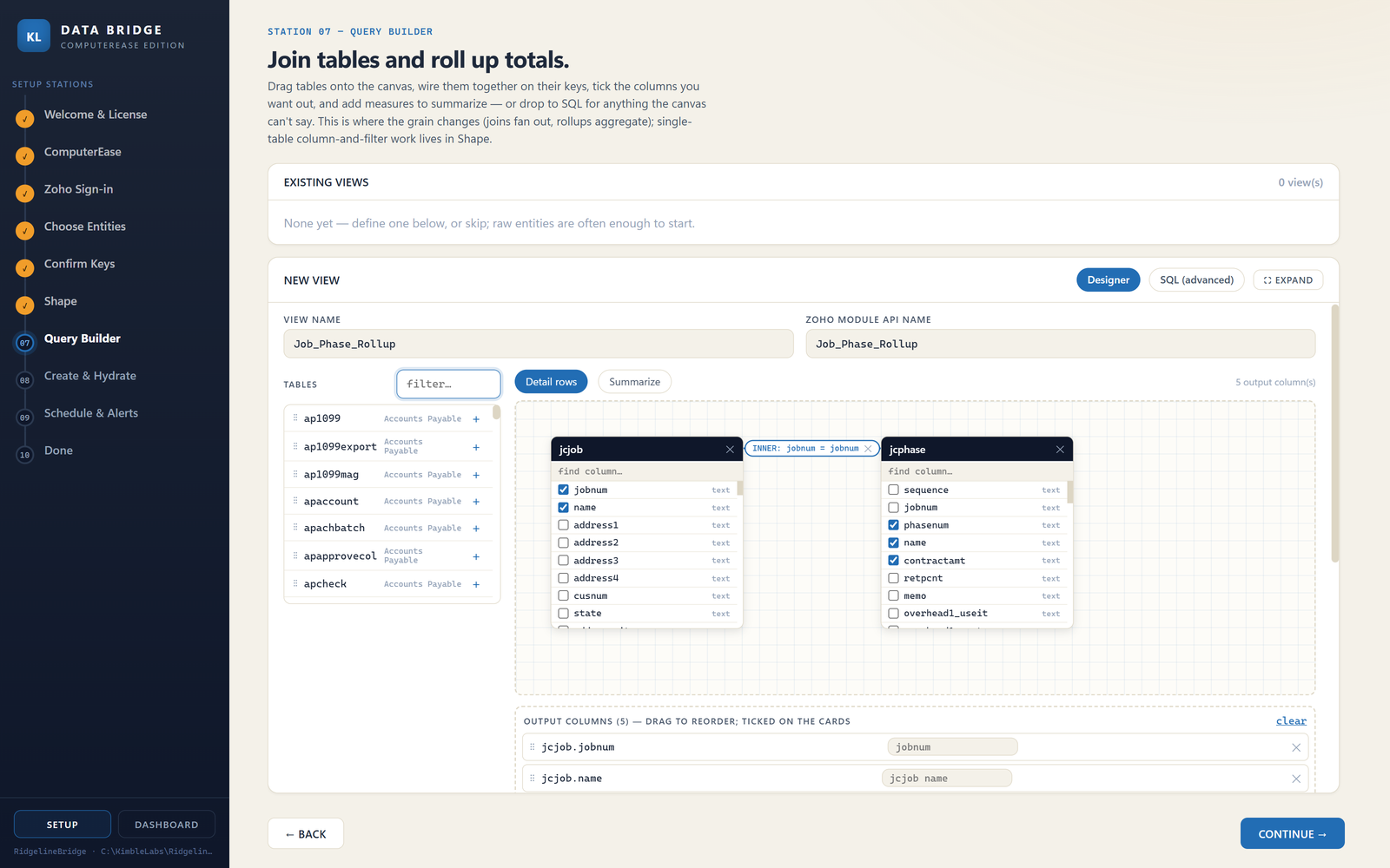 The query builder canvas with two ComputerEase tables placed as cards and joined by a visible connector labelled INNER on a shared job-number key, with output columns ticked and the view named Job Phase Rollup.