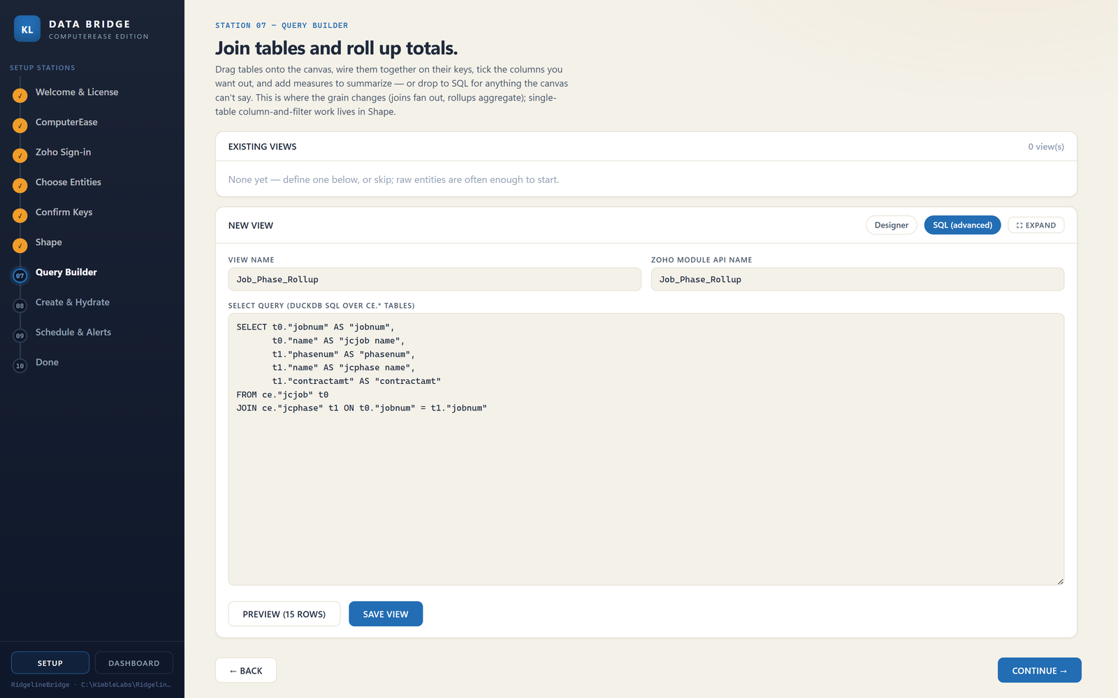 The same view shown as generated SQL in the builder's advanced tab, with the join and selected columns written out as readable query text.